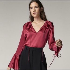Massimo Dutti SILK BLOUSE WITH RUFFLE TRIMS -- Fuscia